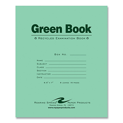 Roaring Spring Recycled Exam Book, Wide/Legal Rule, Green Cover, (8) 8.5 x 7 Sheets, 600/Carton (ROA77508CS)