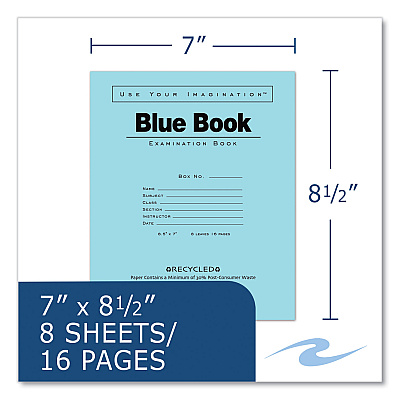 Roaring Spring Recycled Exam Book, Wide/Legal Rule, Blue Cover, (8) 8.5 x 7 Sheets, 600/Carton (ROA77608CS)