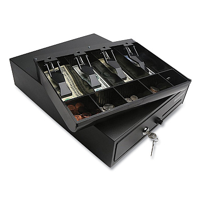 Honeywell Space-Saving Steel Cash Drawer, 4 Bill, 5 Coin Slots, Key Lock, 17 x 13 x 4, Black (HWL6313)