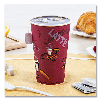 Solo Paper Hot Drink Cups in Bistro Design, 16 oz, Maroon, 50/Pack (SCC316SIPK)