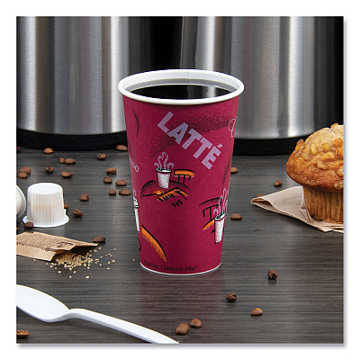 Solo Paper Hot Drink Cups in Bistro Design, 16 oz, Maroon, 50/Pack (SCC316SIPK)