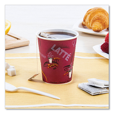 Solo Paper Hot Drink Cups in Bistro Design, 10 oz, Maroon, 50/Pack (SCC370SIPK)