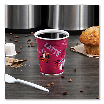 Solo Paper Hot Drink Cups in Bistro Design, 10 oz, Maroon, 50/Pack (SCC370SIPK)