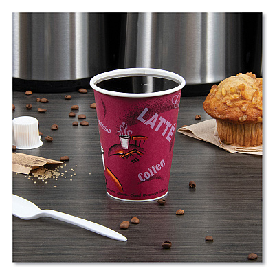 Solo Paper Hot Drink Cups in Bistro Design, 12 oz, Maroon, 50/Pack (SCC412SINPK)