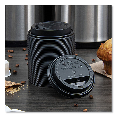 Solo Traveler Cappuccino Style Dome Lid, Fits 10 oz to 24 oz Cups, Black, 100/Sleeve, 10 Sleeves/Carton (SCCTLB316)