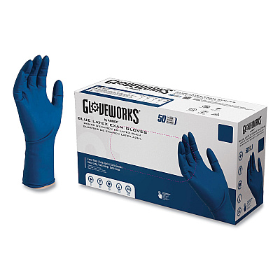 GloveWorks by AMMEX Blue Latex Exam Gloves, Powder-Free, Large, 50 Gloves/Box, 10 Boxes/Carton (AXCGPLHD86100)