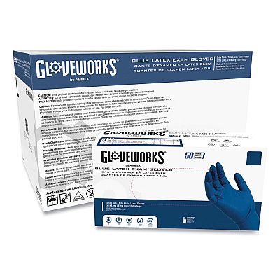 GloveWorks by AMMEX Latex Exam Gloves, Powder-Free, X-Large, Blue, 50 Gloves/Box, 10 Boxes/Carton (AXCGPLHD88100)