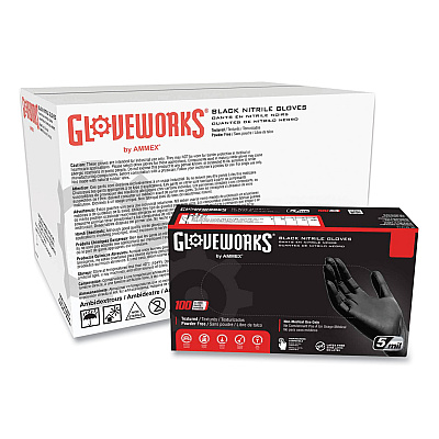 GloveWorks by AMMEX Industrial Nitrile Gloves, Powder-Free, 5 mil, X-Large, Black, 100 Gloves/Box, 10 Boxes/Carton (AXCGPNB48100)