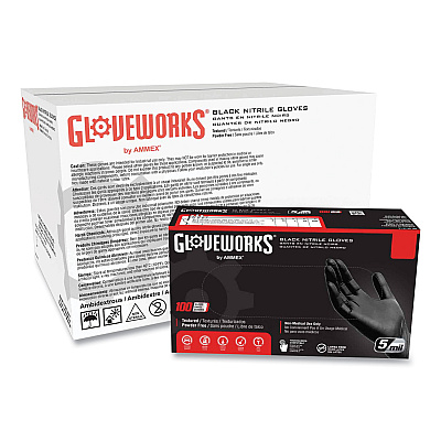 GloveWorks by AMMEX Industrial Nitrile Gloves, Powder-Free, 5 mil, Medium, Black, 100/Box, 10/Carton (AXCGPNB44100)