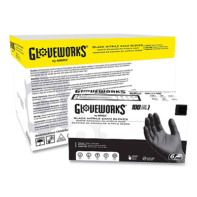 GloveWorks by AMMEX Nitrile Exam Gloves, Powder-Free, 6 mil, XX-Large, Black, 100 Gloves/Box, 10 Boxes/Carton (AXCGWBEN49100)