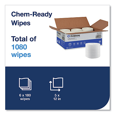 Everwipe Chem-Ready Dry Wipes, 1-Ply, 5 x 2.16, Unscented, White, 180/Roll, 6 Rolls/Carton (TRK192807)