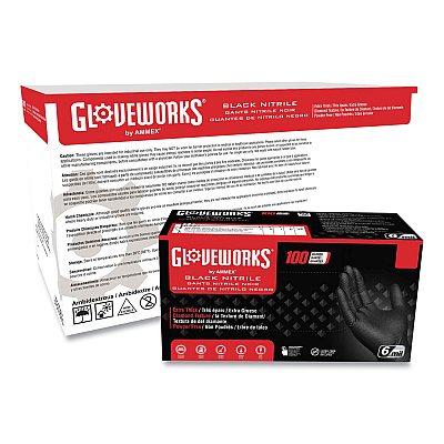 GloveWorks by AMMEX Heavy-Duty Industrial Nitrile Gloves, Powder-Free, 6 mil, XX-Large, Black, 100 Gloves/Box, 10 Boxes/Carton (AXCGWBN49100)