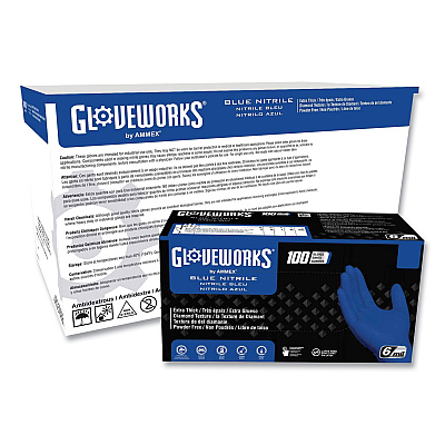 GloveWorks by AMMEX Heavy-Duty Industrial Nitrile Gloves, Powder-Free, XX-Large, 6 mil Thick, 9.5" Long, Royal Blue, 100/Box, 10 Boxes/Carton (GWRBN49100)