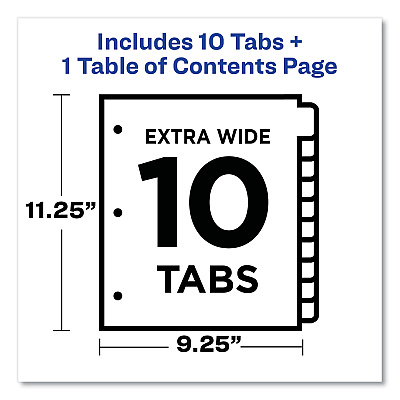 Avery Customizable TOC Ready Index Multicolor Tab Dividers, Extra Wide Tabs, 10-Tab, 1 to 10, 11 x 9.25, White, 1 Set (AVE11165)