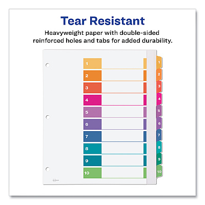 Avery Customizable TOC Ready Index Multicolor Tab Dividers, Extra Wide Tabs, 10-Tab, 1 to 10, 11 x 9.25, White, 1 Set (AVE11165)
