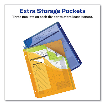 Avery Insertable Big Tab Plastic Three-Pocket Corner Lock Dividers, 5-Tab, 11.13 x 9.25, Assorted, 1 Set (AVE11273)