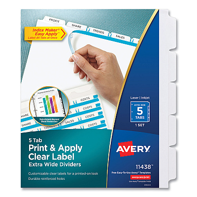 Avery Print and Apply Index Maker Clear Label Dividers, Extra Wide Tab, 5-Tab, White Tabs, 11.25 x 9.25, White, 1 Set (AVE11438)