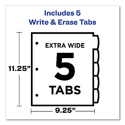 Avery Write and Erase Big Tab Durable Plastic Dividers, Expandable Pocket, 3-Hole Punched, 5-Tab, 11 x 8.5, Assorted, 1 Set (AVE16183)