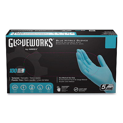 GloveWorks by AMMEX Industrial Nitrile Gloves, Powder-Free, 5 mil, Blue, X-Large, 100 Gloves/Box, 10 Boxes/Carton (AXCINPF48100)