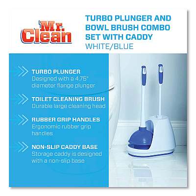 Mr. Clean Turbo Plunger and Bowl Brush Set, 12.5" Plastic Handle, 6" dia, White (BUT440436)