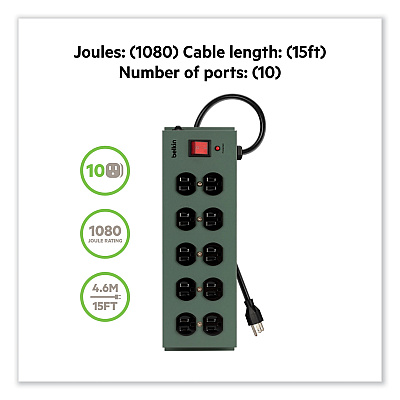 Belkin Metal SurgeMaster Surge Protector, 10 AC Outlets, 15 ft Cord, 885 J, Dark Gray (BLKF9D100015)