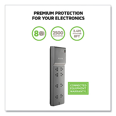 Belkin Home/Office Surge Protector, 8 AC Outlets, 8 ft Cord, 2,500 J, Black (BLKBE10800008CM)
