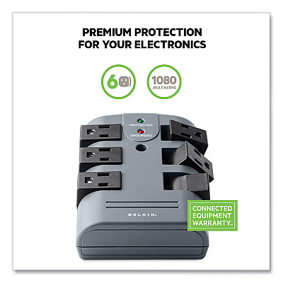 Belkin Pivot Plug Surge Protector, 6 AC Outlets, 1,080 J, Gray (BP106000)