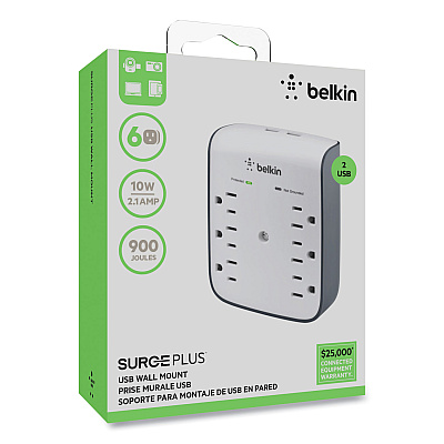 Belkin SurgePlus USB Wall Mount Charger, 6 AC Outlets/2 USB Ports, 900 J, White/Black (BLKBSV602TT)