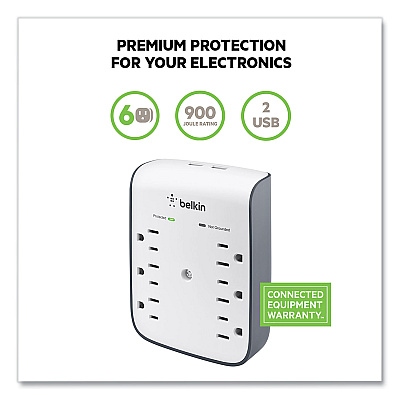 Belkin SurgePlus USB Wall Mount Charger, 6 AC Outlets/2 USB Ports, 900 J, White/Black (BLKBSV602TT)