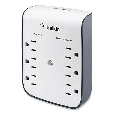 Belkin SurgePlus USB Wall Mount Charger, 6 AC Outlets/2 USB Ports, 900 J, White/Black (BLKBSV602TT)