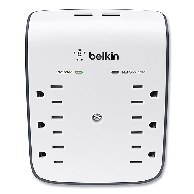 Belkin SurgePlus USB Wall Mount Charger, 6 AC Outlets/2 USB Ports, 900 J, White/Black (BLKBSV602TT)