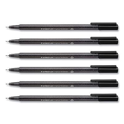 Staedtler Triplus Fineliner Marker Pen, Stick, Fine 0.3 mm, Black Ink, Clear Barrel, 6/Pack (STD3349SB6RA610)