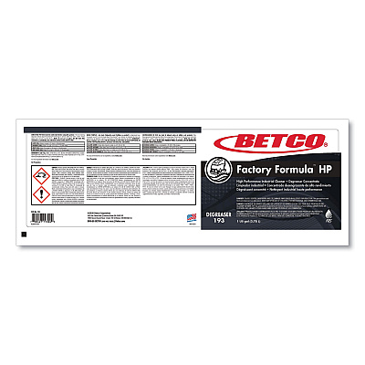 Betco Factory Formula HP Cleaner Degreaser, 1 gal Bottle, 4/Carton (BET1930400)