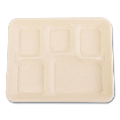 Boardwalk Bagasse PFAS-Free Food Tray, 5-Compartment, 8.26 x 0.98 x 10.9, Tan, Bamboo/Sugarcane, 500/Carton (BWKTRAY128NPFA)