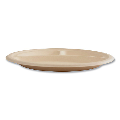 Boardwalk Bagasse PFAS-Free Dinnerware, 3-Compartment Plate, 10" dia, Tan, 500/Carton (BWKPLT3C10NPFA)
