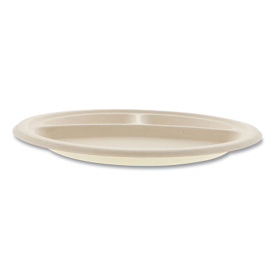 Boardwalk Bagasse PFAS-Free Dinnerware, 3-Compartment Plate, 10" dia, Tan, 500/Carton (BWKPLT3C10NPFA)