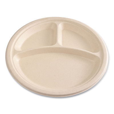 Boardwalk Bagasse PFAS-Free Dinnerware, 3-Compartment Plate, 10" dia, Tan, 500/Carton (BWKPLT3C10NPFA)