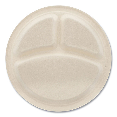 Boardwalk Bagasse PFAS-Free Dinnerware, 3-Compartment Plate, 10" dia, Tan, 500/Carton (BWKPLT3C10NPFA)