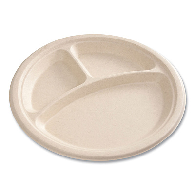 Boardwalk Bagasse PFAS-Free Dinnerware, 3-Compartment Plate, 10" dia, Tan, 500/Carton (BWKPLT3C10NPFA)