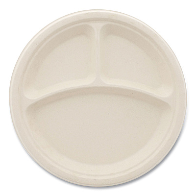 Boardwalk Bagasse PFAS-Free Dinnerware, 3-Compartment Plate, 10" dia, Tan, 500/Carton (BWKPLT3C10NPFA)