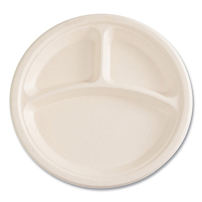 Boardwalk Bagasse PFAS-Free Dinnerware, 3-Compartment Plate, 10" dia, Tan, 500/Carton (BWKPLT3C10NPFA)