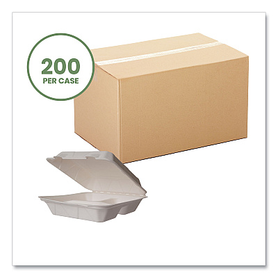 Vegware Nourish Molded Fiber Takeout Containers, Compostable, 3-Compartment, 5 x 9 x 2, White, Sugarcane, 200/Carton (VEGWH93HW)