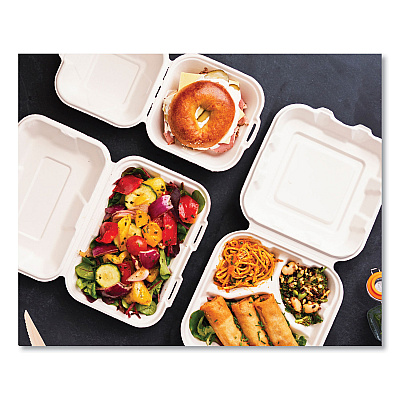 Vegware White Molded Fiber Clamshell Containers, Compostable, 3-Compartment, 7.9 x 7.9 x 2.9, White, Sugarcane, 200/Carton (VEGWHBRG83HW)