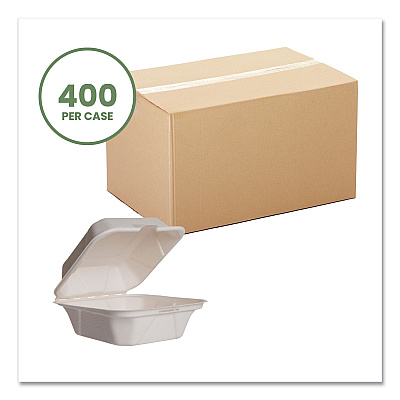 Vegware White Molded Fiber Clamshell Containers, Compostable, 5.9 x 5.9 x 2.9, White, Sugarcane, 400/Carton (VEGWHBRG6HW)