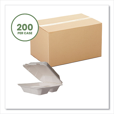 Vegware White Molded Fiber Clamshell Containers, Compostable, 3-Compartment, 7.9 x 7.9 x 2.9, White, Sugarcane, 200/Carton (VEGWHBRG83HW)