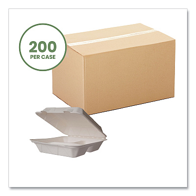 Vegware White Molded Fiber Clamshell Containers, Compostable, 3-Compartment, 9 x 18 x 2, White, Sugarcane, 200/Carton (VEGWHBRG93HW)