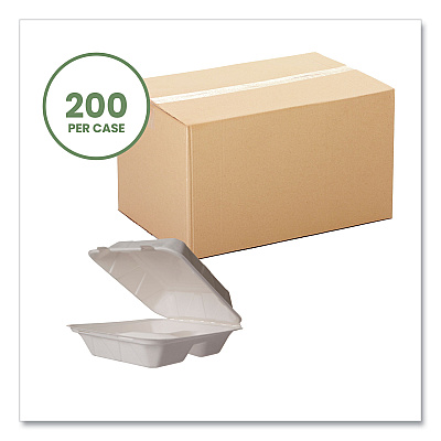 Vegware Nourish Molded Fiber Takeout Containers, Compostable, 3-Compartment, 7.9 x 7.9 x 2.9, White, Sugarcane, 200/Carton (VEGWH83HW)