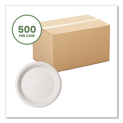 Vegware Nourish Molded Fiber Tableware, Compostable, Plate, Sugarcane, 10" dia, White, 500/Carton (VWP005NFA)