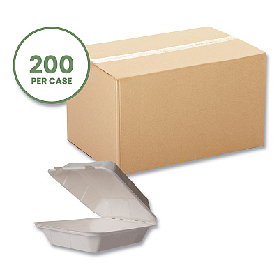 Vegware White Molded Fiber Clamshell Container, Compostable, 7.9 x 7.9 x 2.9, White, Sugarcane, 200/Carton (VEGWHBRG8HW)