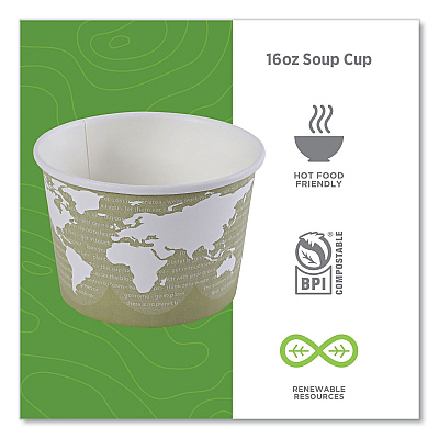 Eco-Products World Art Renewable and Compostable Food Container, 16 oz, 4.05 Diameter x 3 h, Seafoam, Paper, 25/Pack, 20 Packs/Carton (ECOEPBSC16WA)